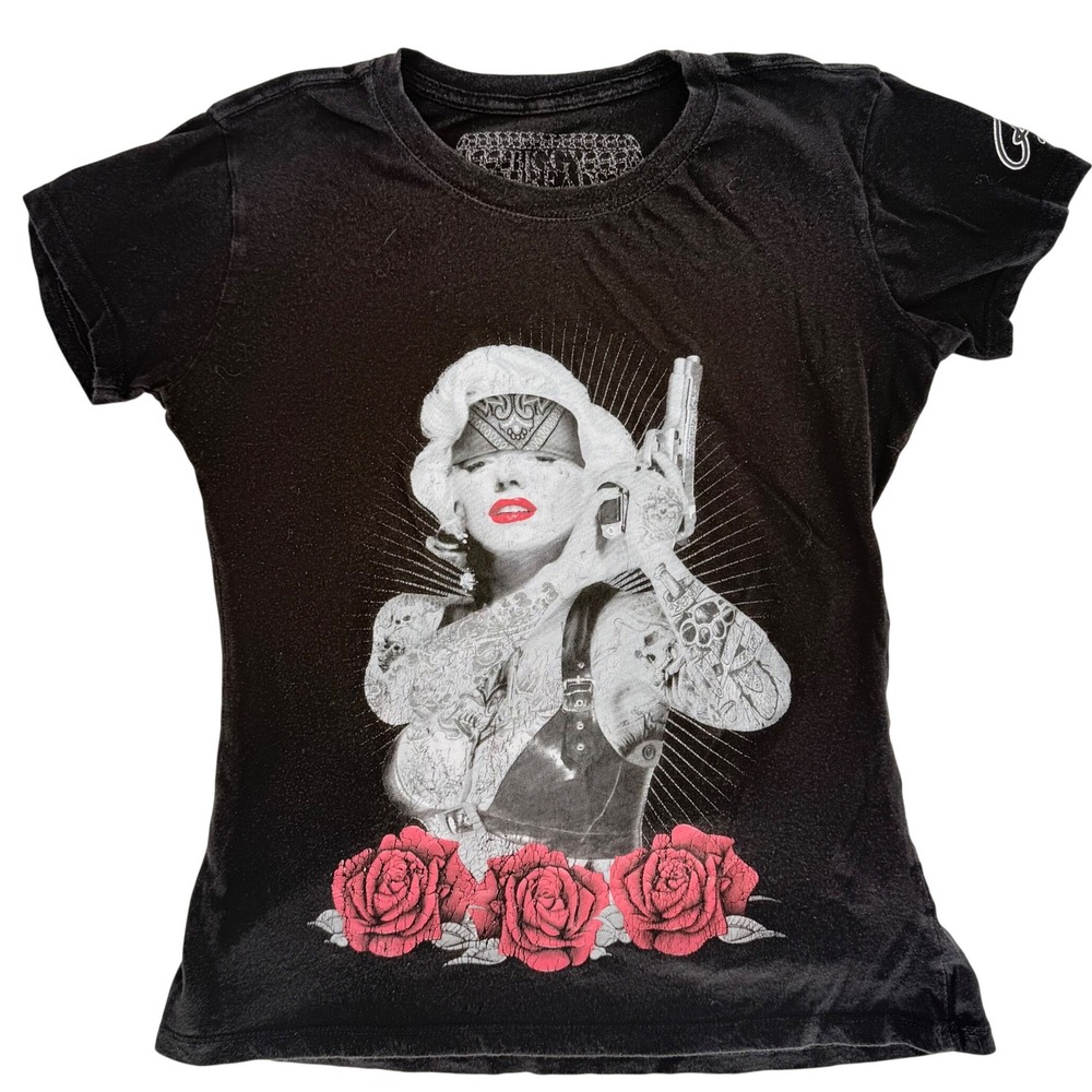 Biggy Threads Marilyn Monroe Tattooed Graphic Tee Black‎ Women Size L Rose Gun